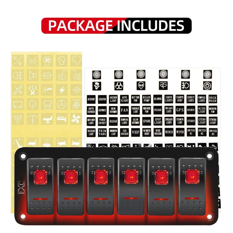 FXC Rocker Switch Aluminum Panel 6 Gang Toggle Switches Dash 5 Pin ON/Off 2 LED Backlit for Boat Car Marine Red - Image 3
